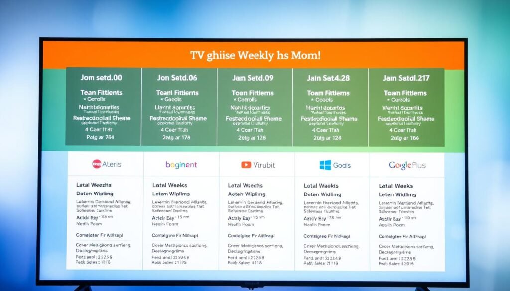 A brightly lit, modern TV guide display showing the weekly schedule of educational programs for at-home learning. The guide features a clean, minimalist design with large, easy-to-read text and icons. The foreground showcases the program titles, air times, and brief descriptions in an organized grid layout. The middle ground features the channel logos and branding. The background has a soft, blurred gradient in soothing shades of blue and green, creating a calming, professional atmosphere. The overall composition conveys a sense of clarity, accessibility, and an emphasis on the educational content.
