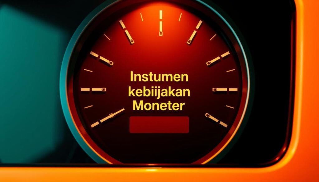 A close-up view of a stylized financial instrument panel, featuring a central gauge displaying the words "Instrumen Kebijakan Moneter" against a minimalist, high-contrast backdrop. The panel is bathed in a warm, directional lighting, casting subtle shadows that emphasize its sleek, modern design. The gauge's needle hovers at a precise, measured position, conveying a sense of careful, considered monetary policy. The overall aesthetic is one of technological sophistication and economic precision, reflecting the careful, nuanced approaches to monetary policy described in the article.
