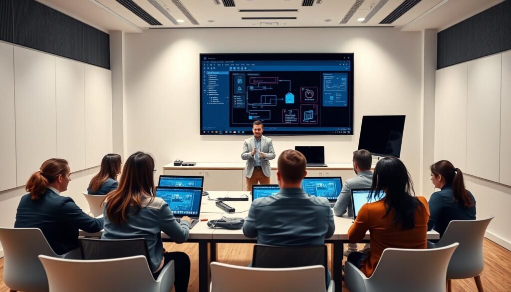 A digital technology training session in a modern, well-equipped classroom. The scene features a group of students intently focused on their laptop screens, surrounded by sleek, minimalist furniture and bright, diffused lighting. The instructor, standing at the front, demonstrates a complex software interface on a large, state-of-the-art display. The room's architecture is characterized by clean lines, neutral tones, and subtle technological accents, creating an atmosphere of innovation and learning. The overall impression conveys the transformative impact of digital skills development on the evolving workforce.
