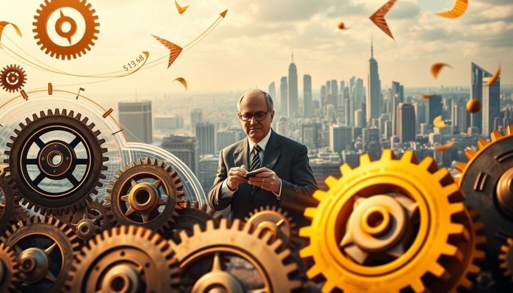 A dynamic scene of fiscal policies and economic forces, set against a backdrop of a bustling city skyline. In the foreground, intricate gears and cogs symbolize the complex mechanisms of monetary policy, their movements intricately choreographed. Swirling currents of data and statistics flow around them, visualizing the constant flux of economic indicators. The middle ground features government officials and policymakers, deep in discussion, their faces etched with concentration as they navigate the nuances of economic decision-making. In the distance, the city skyline stands as a testament to the real-world implications of these policies, a symphony of progress and growth. The scene is illuminated by a warm, golden light, conveying a sense of gravitas and importance. Overall, the image captures the dynamic interplay between politics, economics, and the delicate balance of monetary policy.