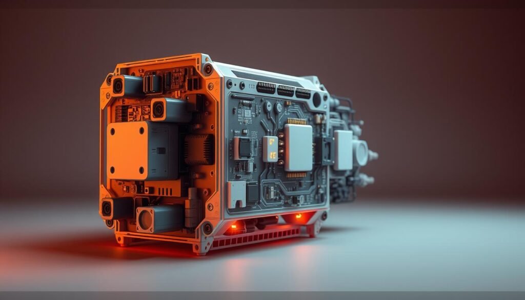 A hyper-realistic digital twin, a lifelike virtual representation of a physical IoT sensor system. The twin is rendered with meticulous detail, showcasing the intricate circuitry, sensors, and housing components. Warm, directional lighting illuminates the model from the side, casting subtle shadows that accentuate the textures and forms. The scene is set against a muted, minimalist background, allowing the digital twin to be the central focus. The overall aesthetic is one of technological elegance and precision, capturing the essence of how digital twins can faithfully mirror real-world systems in a visually captivating way.