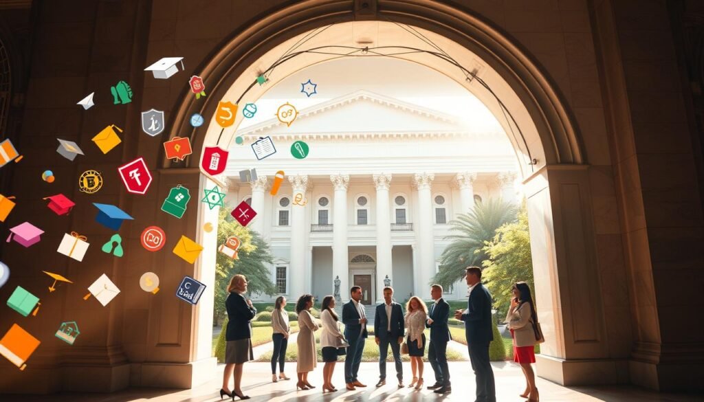 A prestigious academic setting, with a grand marble archway serving as the focal point. In the foreground, an array of colorful scholarship icons and emblems float gracefully, casting warm, soft light across the scene. The middle ground features a group of diverse, accomplished students in formal attire, engaged in thoughtful discussion. The background showcases a majestic, sun-dappled courtyard, with towering columns and lush greenery, conveying a sense of tradition, achievement, and opportunity. Lighting is natural and diffused, creating a sense of tranquility and intellectual vitality. The overall atmosphere is one of prestige, academic excellence, and the promise of transformative educational experiences.