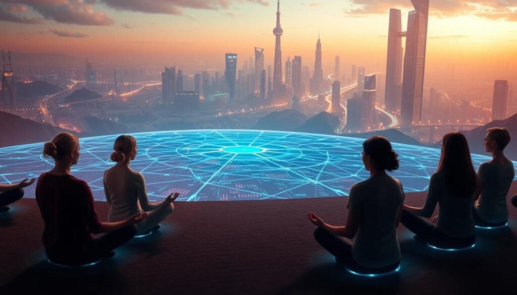 A serene digital landscape, where social meditation takes center stage. In the foreground, a group of individuals sitting cross-legged, their eyes closed, and their auras pulsing with a soft, ethereal glow. The middle ground features a vast, holographic expanse, with data streams and digital patterns intertwining, creating a sense of interconnectedness. The background showcases a futuristic cityscape, with towering skyscrapers and glowing infrastructure, hinting at the technological advancements that have enabled this social meditation practice. The scene is bathed in a warm, diffused lighting, creating a calming and contemplative atmosphere. The camera angle is slightly elevated, allowing the viewer to observe this digital sanctuary from a thoughtful, introspective perspective.