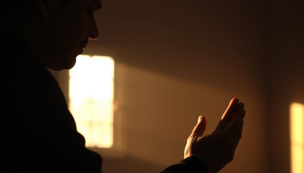 A serene, dimly lit interior scene of a person in deep contemplation, their hands clasped in prayer. Soft, warm lighting from a single window casts a gentle glow, illuminating the supplicant's face with an expression of hope and yearning. The background is slightly blurred, hinting at a simple, minimalist setting that allows the emotional focus to take center stage. The overall atmosphere evokes a sense of quiet reverence and heartfelt devotion, capturing the essence of "rasa harapan dalam doa" (the feeling of hope in prayer).