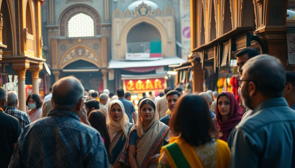A serene mosque in the foreground, its intricate architecture and ornate details bathed in warm, golden light. In the middle ground, a diverse group of people engaged in respectful discussion, their body language and facial expressions conveying a sense of cultural harmony and shared understanding. The background depicts a vibrant marketplace, with vibrant colors, bustling activity, and a palpable sense of community. The overall scene evokes a peaceful, inclusive atmosphere, where cultural traditions and religious practices coexist in a spirit of mutual appreciation and understanding.