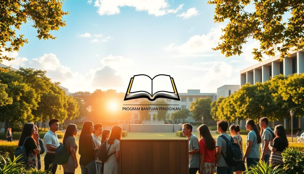 A serene university campus set against a backdrop of lush greenery and azure skies. In the foreground, a group of diverse students gather around a wooden podium, engaged in animated discussion. The scene is bathed in warm, golden sunlight, creating a sense of hope and opportunity. The middle ground features a stylized illustration of an open book, symbolizing the &amp;quot;Program Bantuan Pendidikan&amp;quot; - a scholarship program offering financial assistance to underprivileged students. The background showcases modern, well-appointed academic buildings, conveying a sense of academic excellence and support. The overall atmosphere is one of inclusivity, empowerment, and the transformative power of education.