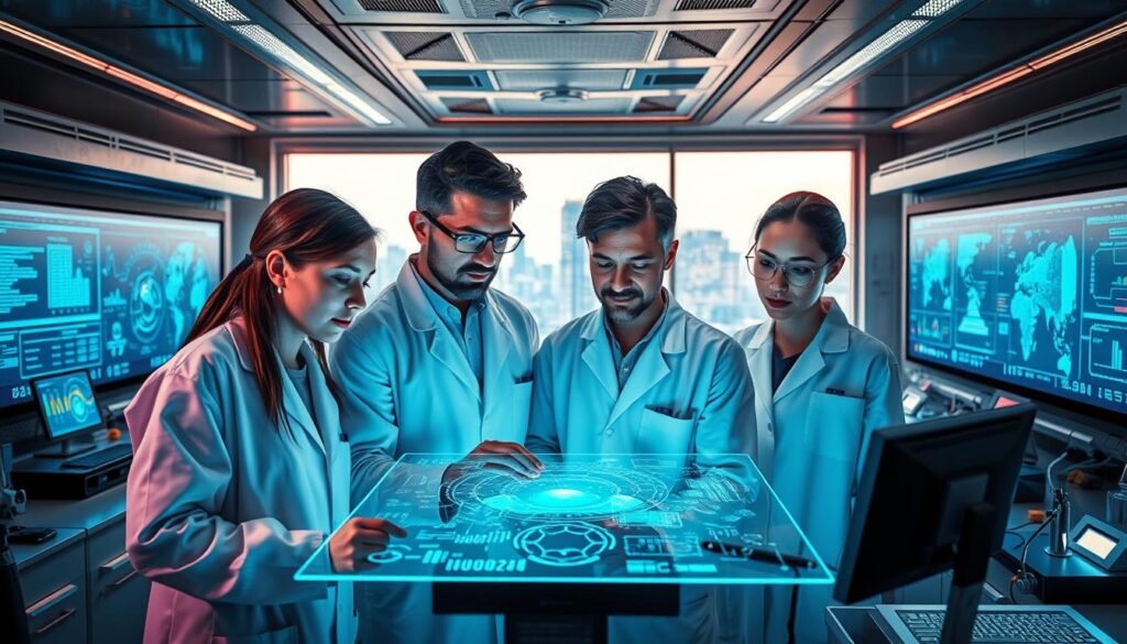 A sleek, futuristic laboratory setting with cutting-edge technology and scientific instruments. In the foreground, a group of researchers in white lab coats collaborate over a holographic display, their expressions focused and determined. The middle ground features state-of-the-art cybersecurity monitoring screens, displaying intricate data visualizations. In the background, a panoramic window overlooks a bustling cityscape, symbolizing the real-world impact of this collaborative research initiative. The lighting is a combination of warm task lighting and cool, ambient illumination, creating a sense of dynamic energy and innovation. The overall atmosphere conveys a spirit of technological progress, interdisciplinary cooperation, and the driving pursuit of digital advancements.