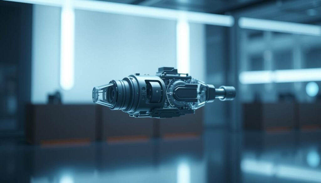 A sleek, minimalist digital representation of a physical object or system, rendered in a clean, high-tech style. The digital twin floats in a dimly lit, futuristic environment, illuminated by soft, ambient lighting that casts subtle shadows, creating a sense of depth and dimensionality. The model is depicted with meticulous attention to detail, showcasing its intricate inner workings and interconnected components. The background is blurred, drawing the viewer's focus to the central digital twin, which serves as a striking visual metaphor for the concept of a virtual replica of the real world.