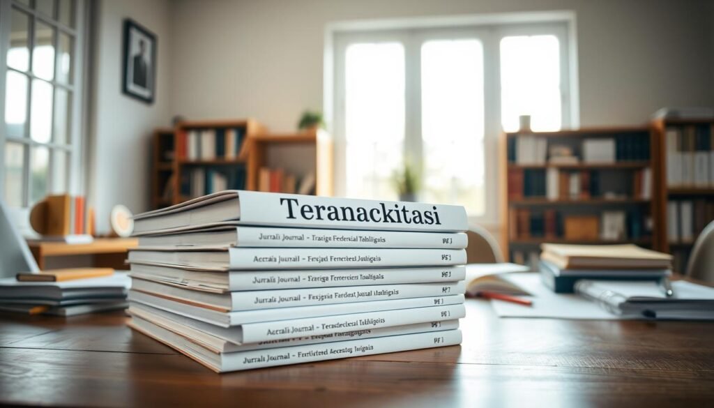 A stack of academic journals with the cover title "Jurnal Terakreditasi" prominently displayed, resting on a wooden desk in a well-lit study. The journals have a professional, scholarly appearance, with clean, minimalist design. The desk is positioned in front of a large window, allowing natural light to softly illuminate the scene. A few other academic books and papers are neatly arranged around the journals, creating a sense of a productive, research-oriented workspace. The overall mood is one of intellectual rigor and diligence, reflecting the serious nature of publishing in accredited academic journals.