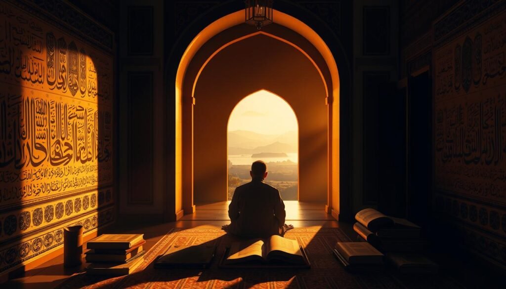 A tranquil, dimly lit interior space, bathed in a warm, golden glow. At the center, a scholarly figure seated in deep contemplation, surrounded by ancient tomes and scrolls. The walls are adorned with intricate Islamic calligraphy and geometric patterns, casting flickering shadows. Through an archway, a distant, serene landscape can be seen, hinting at the broader theological context. The atmosphere is one of profound introspection and the unfolding of profound spiritual insights, capturing the essence of "Pengembangan Pemikiran Teologis dalam Dakwah Nabi Muhammad SAW".