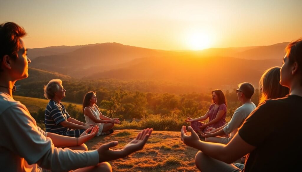 A tranquil landscape of rolling hills, bathed in the warm glow of the setting sun. In the foreground, a group of people sit in a circle, hands joined, eyes closed in deep meditation. The scene radiates a sense of harmony and interconnectedness, as the auras of the participants begin to blend and intertwine, creating a tapestry of energy and vibrant hues. In the middle ground, a lush, verdant forest serves as the backdrop, symbolizing the natural world and its inherent spirituality. The lighting is soft and diffused, casting a gentle, ethereal quality over the entire scene. The camera angle is slightly elevated, allowing the viewer to observe the ritual from a contemplative perspective, fully immersed in the serene and profound atmosphere of Aura Farming.