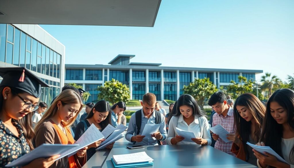 A vibrant scene of an educational scholarship program registration process. In the foreground, a group of diverse students diligently filling out application forms, conveying a sense of determination and academic aspiration. The middle ground showcases a modern, well-equipped university campus, with sleek architecture and lush greenery, setting the stage for a prestigious educational environment. The background features a clear, blue sky, symbolizing the boundless opportunities that await the successful applicants. The lighting is warm and inviting, casting a subtle glow over the entire scene, creating an atmosphere of optimism and academic excellence. The camera angle is slightly elevated, allowing the viewer to observe the dynamic registration activities unfolding below.