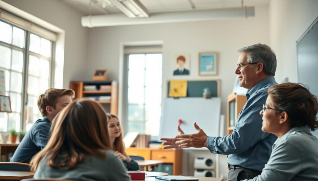 A well-lit classroom with a middle-aged teacher standing at the front, facing a group of attentive students. The teacher's expression is one of confidence and professionalism as they gesticulate while discussing something on the whiteboard. The students are leaning forward, their faces alight with curiosity and engagement. The room is adorned with educational posters, bookshelves, and other academic accoutrements, conveying a sense of scholarly atmosphere. Warm, natural lighting filters in through large windows, casting a soft glow over the scene. The overall mood is one of productive collaboration and academic success.