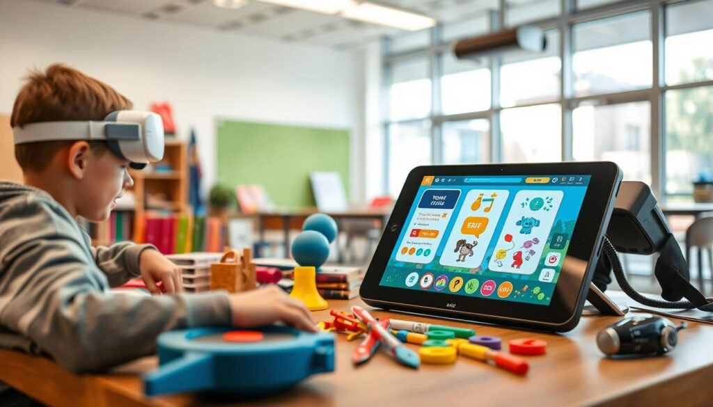 An engaging interactive learning content, showcasing a variety of colorful, dynamic and interactive elements. In the foreground, a tablet-like device displays an animated, captivating lesson, with vivid graphics, playful icons and intuitive controls. The middle ground features various learning tools and resources, such as educational books, manipulatives, and virtual reality headsets, all arranged in a visually appealing and organized manner. The background depicts a modern, well-lit classroom setting, with large windows allowing natural light to flood the space, creating a warm and inviting atmosphere conducive to interactive learning. The overall scene conveys a sense of exploration, discovery and the seamless integration of technology and traditional learning methods.
