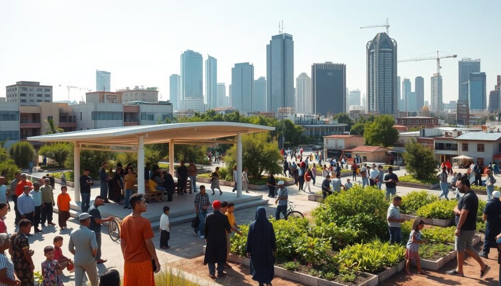 A bustling urban setting, sun-drenched and vibrant, with people of diverse backgrounds engaged in various community-focused activities. In the foreground, a group of individuals collaboratively constructing a new public structure, its sleek, modern design hinting at the transformative power of social development initiatives. In the middle ground, families and children gather around communal gardens, tending to lush greenery that symbolizes the nourishment of the local community. In the background, towering skyscrapers and infrastructure projects stand as a testament to the progress facilitated by the socioeconomic empowerment enabled by zakat, or charitable giving. The scene exudes a sense of unity, optimism, and the collective effort towards building a more equitable and prosperous society. A bustling urban setting, sun-drenched and vibrant, with people of diverse backgrounds engaged in various community-focused activities. In the foreground, a group of individuals collaboratively constructing a new public structure, its sleek, modern design hinting at the transformative power of social development initiatives. In the middle ground, families and children gather around communal gardens, tending to lush greenery that symbolizes the nourishment of the local community. In the background, towering skyscrapers and infrastructure projects stand as a testament to the progress facilitated by the socioeconomic empowerment enabled by zakat, or charitable giving. The scene exudes a sense of unity, optimism, and the collective effort towards building a more equitable and prosperous society.
