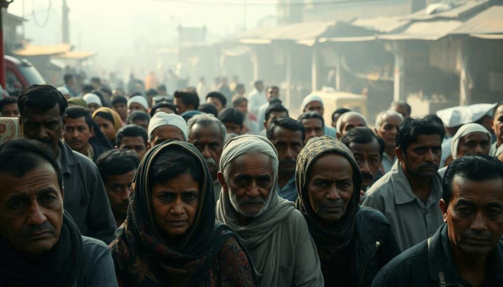A crowded scene of people from diverse backgrounds, each facing unique challenges in their lives. In the foreground, a family struggling to make ends meet, their faces etched with worry. In the middle ground, a group of elderly individuals sitting alone, their expressions conveying a sense of isolation. In the background, a bustling marketplace, bustling with activity, yet some stalls remain empty, a symbol of the economic disparities that plague the community. The lighting is soft and hazy, creating an atmosphere of contemplation and introspection. The overall mood is one of resilience and determination, as the people strive to overcome the obstacles they face. This scene encapsulates the multifaceted challenges that the community must navigate in the pursuit of empowerment through the power of zakat. A crowded scene of people from diverse backgrounds, each facing unique challenges in their lives. In the foreground, a family struggling to make ends meet, their faces etched with worry. In the middle ground, a group of elderly individuals sitting alone, their expressions conveying a sense of isolation. In the background, a bustling marketplace, bustling with activity, yet some stalls remain empty, a symbol of the economic disparities that plague the community. The lighting is soft and hazy, creating an atmosphere of contemplation and introspection. The overall mood is one of resilience and determination, as the people strive to overcome the obstacles they face. This scene encapsulates the multifaceted challenges that the community must navigate in the pursuit of empowerment through the power of zakat.