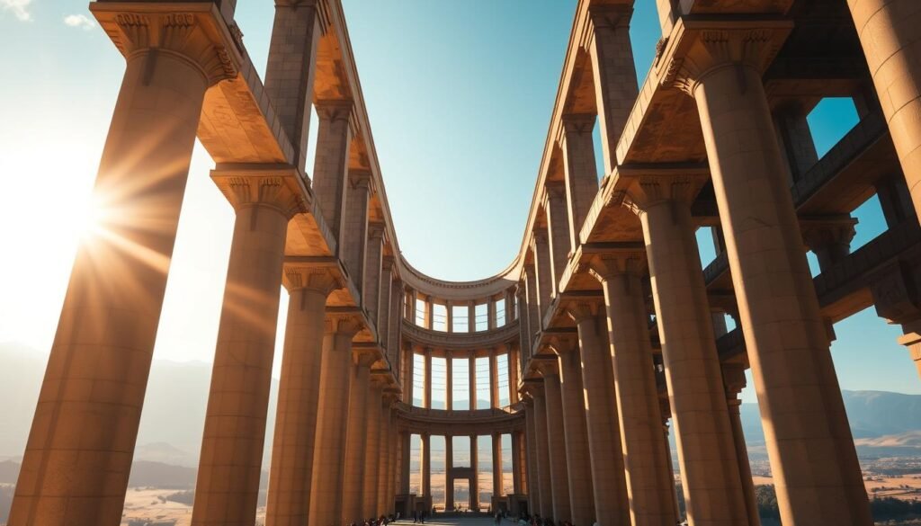 A grand architectural structure rises, its intricate design seemingly defying the pull of Earth's gravity. In the foreground, massive columns and arches support the weight of the building, their careful engineering showcasing humanity's triumph over the planet's immense force. Sunlight filters through the structure's windows, casting warm, golden hues across the interior. In the middle ground, the building's elegant curves and angles create a captivating interplay of light and shadow, hinting at the complex calculations that went into its creation. In the background, a sweeping landscape unfolds, a testament to the gravity that has shaped the Earth's terrain over eons. The overall scene conveys a sense of grandeur, power, and the ingenuity of human engineering in the face of nature's unyielding force.