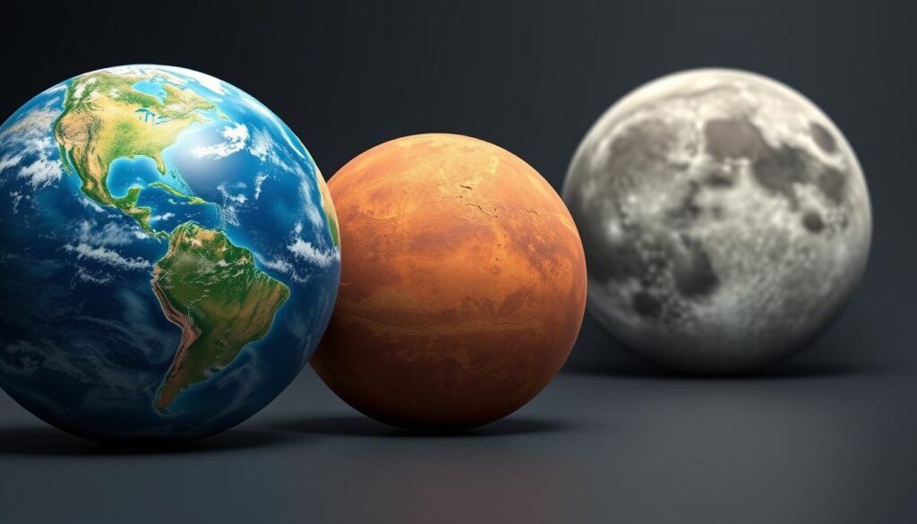 A serene, photorealistic illustration showcasing the comparative gravitational forces on Earth, Mars, and the Moon. In the foreground, a detailed model of planet Earth is depicted, with its lush landscapes and vast oceans. In the middle ground, a smaller model of Mars looms, its rusty, arid surface contrasting with the vibrant blue of Earth. In the background, the cratered, monochromatic surface of the Moon takes center stage, its diminished gravitational pull visually apparent. The scene is bathed in soft, directional lighting, casting subtle shadows that accentuate the volumetric qualities of the celestial bodies. The composition is balanced and harmonious, inviting the viewer to explore the subtle differences in gravitational forces between these diverse worlds.