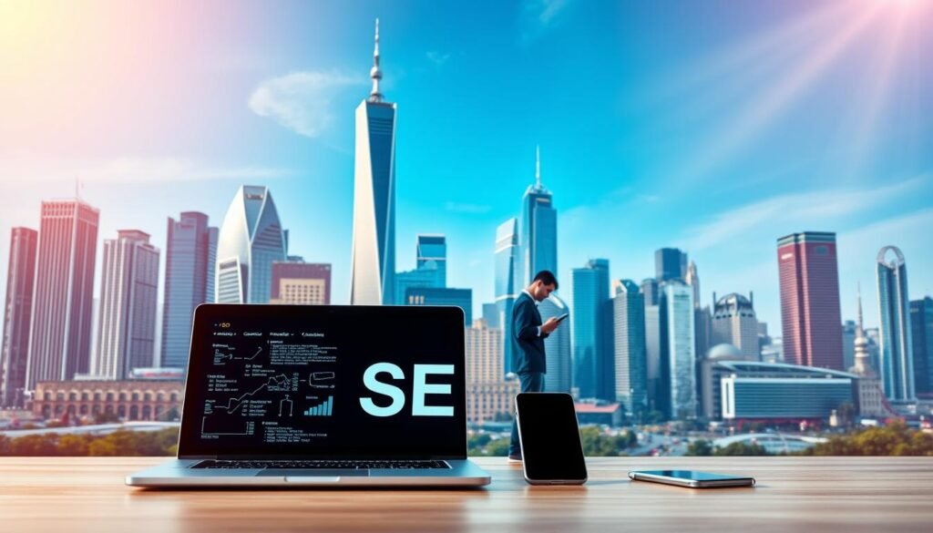 A vibrant and visually striking image of "jasa seo" set against a backdrop of a bustling city skyline. In the foreground, a laptop computer and a mobile phone are prominently displayed, representing the digital tools and technologies used in modern search engine optimization services. The middle ground features a team of digital marketing professionals, each engaged in various tasks such as keyword research, content creation, and website optimization. The background showcases the towering skyscrapers and modern architecture of a thriving metropolis, symbolizing the global reach and impact of effective SEO strategies. The scene is illuminated by a warm, golden-hued lighting, creating a sense of energy and productivity. The overall composition conveys the professional, collaborative, and technology-driven nature of the "jasa seo" industry. A vibrant and visually striking image of "jasa seo" set against a backdrop of a bustling city skyline. In the foreground, a laptop computer and a mobile phone are prominently displayed, representing the digital tools and technologies used in modern search engine optimization services. The middle ground features a team of digital marketing professionals, each engaged in various tasks such as keyword research, content creation, and website optimization. The background showcases the towering skyscrapers and modern architecture of a thriving metropolis, symbolizing the global reach and impact of effective SEO strategies. The scene is illuminated by a warm, golden-hued lighting, creating a sense of energy and productivity. The overall composition conveys the professional, collaborative, and technology-driven nature of the "jasa seo" industry.