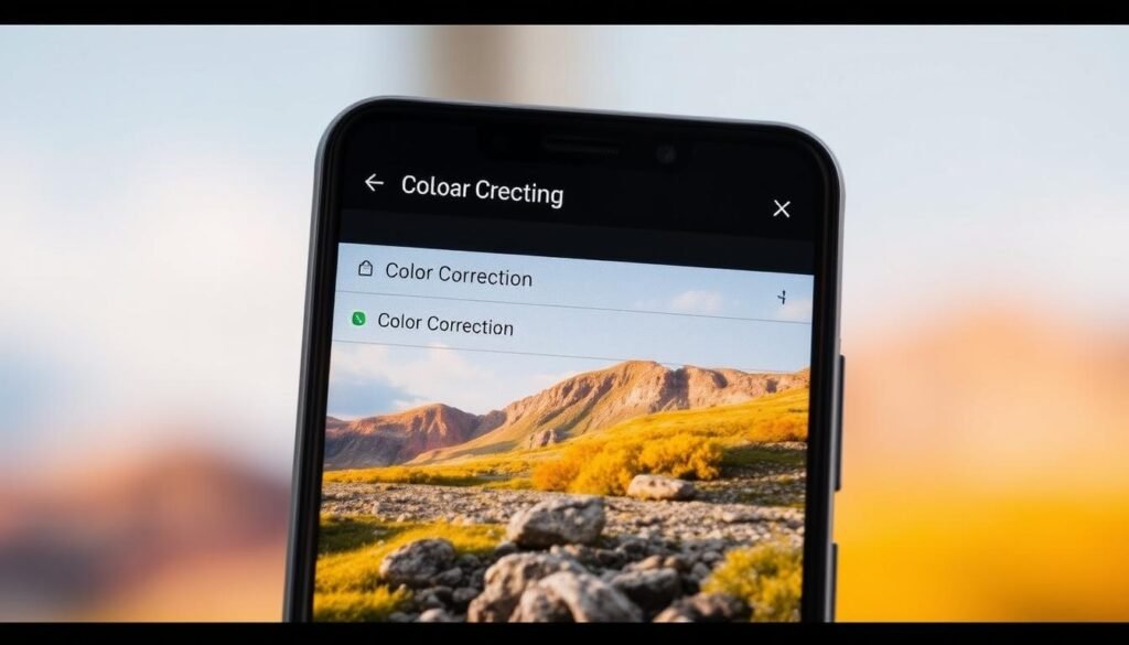 A detailed and meticulously crafted image showcasing the "Color Correction" feature on an Android device. The foreground depicts the device's display, showcasing a vibrant and color-accurate representation of a natural landscape. The middle ground highlights the device's settings menu, with the "Color Correction" option prominently displayed and easily accessible. The background provides a sense of depth, with soft, out-of-focus elements that convey a sense of immersion and technological sophistication. The lighting is warm and natural, creating a pleasant and inviting atmosphere. The camera angle is slightly elevated, providing a clear and unobstructed view of the device's interface and display. The overall composition is balanced and visually appealing, conveying the power and ease of use of the "Color Correction" feature.