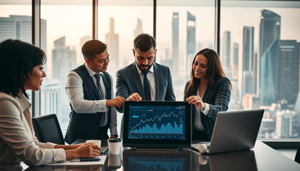 A dynamic office environment showcasing a merger and acquisition in the technology sector. In the foreground, a diverse group of three professionals in business attire—two men and one woman—are engaged in a serious discussion over a digital tablet displaying stock charts and graphs. The middle layer features a sleek conference table with laptops, notes, and coffee cups, suggesting a high-stakes meeting. In the background, large windows reveal a bustling cityscape, with futuristic skyscrapers symbolizing technological advancement. Soft, warm lighting illuminates the scene, creating an atmosphere of collaboration and innovation. The angle is slightly elevated, providing a comprehensive view of the collaborative dynamic in this important business setting.