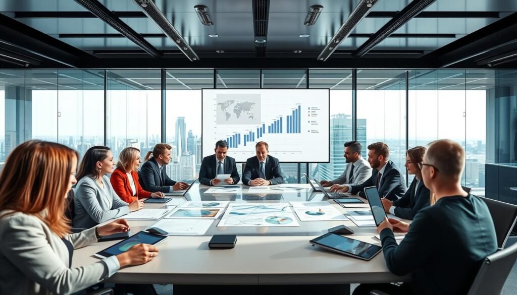 A modern corporate boardroom filled with diverse professionals engaged in a collaborative strategy session. In the foreground, a mixed-gender team includes individuals in professional business attire, discussing plans over digital tablets and laptops. The middle ground features a large screen displaying collaborative technology graphs and data, emphasizing the theme of partnership in tech innovation. The background shows sleek, glass-walled offices overlooking a cityscape, capturing a dynamic atmosphere of creativity and teamwork. Natural light floods the room through the windows, creating a bright and inspiring environment. The overall mood is proactive and forward-thinking, illustrating a commitment to addressing technological challenges through collaboration.