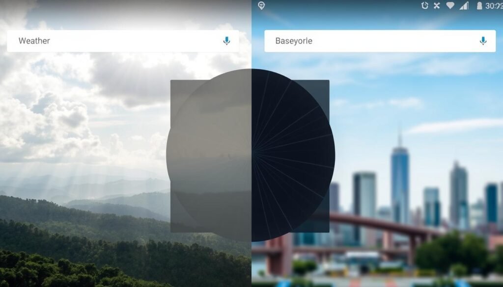 A side-by-side comparison of two distinct live wallpaper styles, showcasing their unique visual characteristics and functionality. In the foreground, a dynamic weather-reactive landscape with moving clouds, shifting sunlight, and subtle environmental changes that adapt to the current time of day. In the middle ground, a minimalist abstract pattern that morphs and pulses in sync with the user's music or device activity. The background features a softly blurred cityscape with skyscrapers and bridges, lending an urban ambiance. Capture this visual juxtaposition with a crisp, photorealistic style, balanced lighting, and a slightly elevated camera angle to highlight the wallpapers' interactive nature and comparative differences.