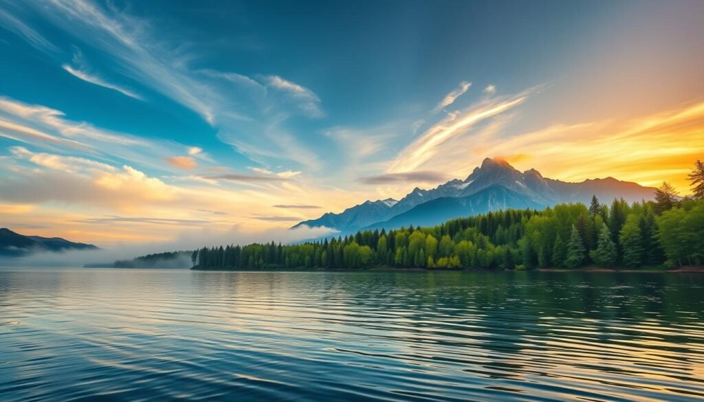 A tranquil, interactive live wallpaper showcasing a dynamic landscape that responds to the time of day and current weather conditions. In the foreground, a serene lake reflects the shifting skies above, with delicate ripples on the water's surface. The middle ground features a lush, verdant forest, its trees swaying gently in a soft breeze. In the background, a majestic mountain range rises, its peaks touched by wispy clouds. As the day progresses, the scene seamlessly transitions from a vibrant dawn to a golden sunset, casting warm hues across the entire tableau. The overall atmosphere is one of natural harmony and enchantment, inviting the viewer to lose themselves in this ever-changing, interactive live wallpaper.