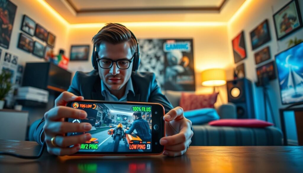 A vibrant and dynamic scene illustrating "cellular connection optimization for gaming." Foreground features a sleek, high-tech gaming setup with a smartphone displaying a gaming app, surrounded by glowing indicators showing low ping rates. Middle ground includes a gamer in professional casual attire, deeply focused on the game with an expression of intense concentration. Background highlights a stylish room with modern decor, walls adorned with gaming memorabilia, and soft ambient lighting creating an energetic yet comfortable atmosphere. The angle captures both the gamer and the smartphone with a slight tilt, emphasizing the technology. The overall mood is exciting and encouraging, reflecting a seamless gaming experience.