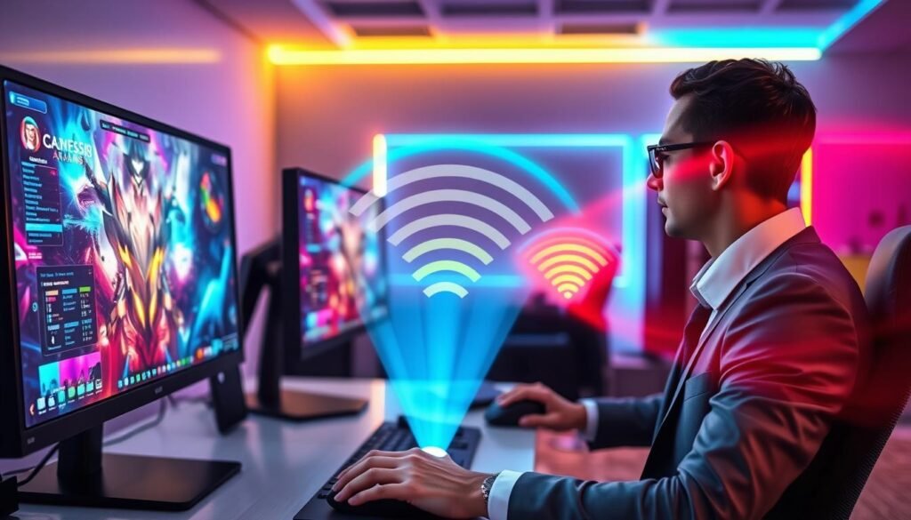 A visually striking image of a modern gaming setup featuring a sleek computer with multiple monitors displaying a vibrant gaming interface, surrounded by an optimized Wi-Fi router emitting glowing signals. In the foreground, a person in professional business attire is intently focused on the screens, using a high-performance gaming mouse. The middle ground highlights various Wi-Fi signal strengths represented as colorful waves radiating from the router, symbolizing an enhanced connection. The background showcases a dynamic gaming room with ambient LED lighting that creates a competitive atmosphere. The scene is well-lit with soft, diffused lighting to capture a tech-savvy, energetic mood, emphasizing the importance of Wi-Fi optimization for gaming. The angle is slightly elevated to give a comprehensive view of the setup.