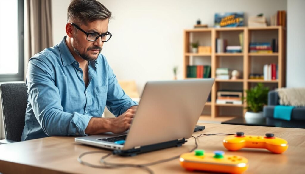 A concerned parent sitting at a modern desk with a laptop open, demonstrating active engagement in monitoring their child's gaming activities. In the foreground, the parent is examining parental control settings on the screen, with a focused expression, wearing smart casual attire. The middle ground features a gaming console with colorful controllers and a cozy living room setting, evoking a safe home environment. The background reveals a softly lit area with shelves filled with games and books, enhancing the family atmosphere. Soft natural light filters through a window, creating a warm, protective mood, emphasizing the importance of digital safety and preventive strategies for parents.