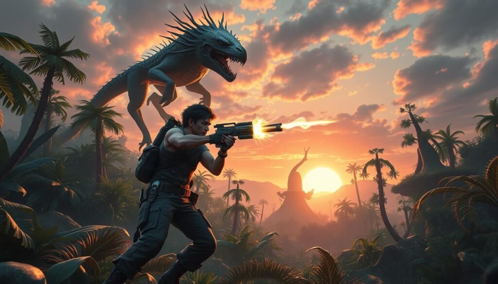 A dynamic scene depicting a thrilling offline action-adventure mobile game experience. In the foreground, a determined character, dressed in rugged adventurer attire, wields a futuristic weapon while dodging an incoming attack from a menacing creature. The middle ground features an intricate, lush jungle environment filled with exotic plants and mystical elements, creating a sense of wonder and danger. In the background, a dramatic sunset illuminates the sky with vibrant oranges and purples, casting soft light on the adventurous landscape. Utilize a cinematic angle to enhance depth and intensity, evoking excitement and adventure. The atmosphere should be energetic yet filled with intrigue, capturing the essence of gaming exploration without distractions or text. A dynamic scene depicting a thrilling offline action-adventure mobile game experience. In the foreground, a determined character, dressed in rugged adventurer attire, wields a futuristic weapon while dodging an incoming attack from a menacing creature. The middle ground features an intricate, lush jungle environment filled with exotic plants and mystical elements, creating a sense of wonder and danger. In the background, a dramatic sunset illuminates the sky with vibrant oranges and purples, casting soft light on the adventurous landscape. Utilize a cinematic angle to enhance depth and intensity, evoking excitement and adventure. The atmosphere should be energetic yet filled with intrigue, capturing the essence of gaming exploration without distractions or text.