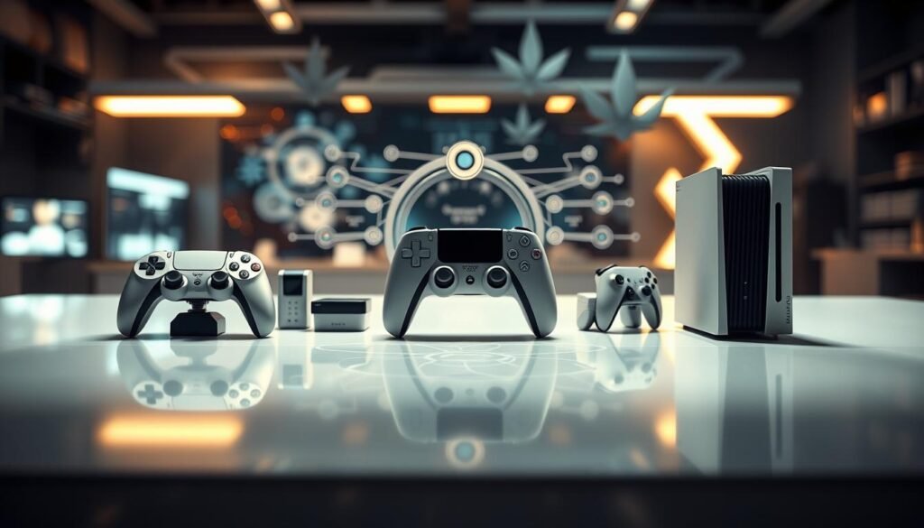 A futuristic and sleek gaming console design arranged in a modular format, showcasing various interchangeable parts like controllers, storage, and expansion units. The foreground features the console pieces artistically displayed in a clean, modern workspace with subtle reflections on a polished surface. In the middle ground, a conceptual diagram illustrates the potential of modular systems in gaming technology, with interconnected lines and nodes. The background fades into a blurred tech environment, with glowing lights and abstract shapes that suggest innovation and advancement. Natural and soft artificial lighting creates a warm and professional atmosphere, emphasizing the console's design. The angle focuses slightly above the workstation, capturing the essence of a creative tech space, aiming for a mood of inspiration and progress in gaming.