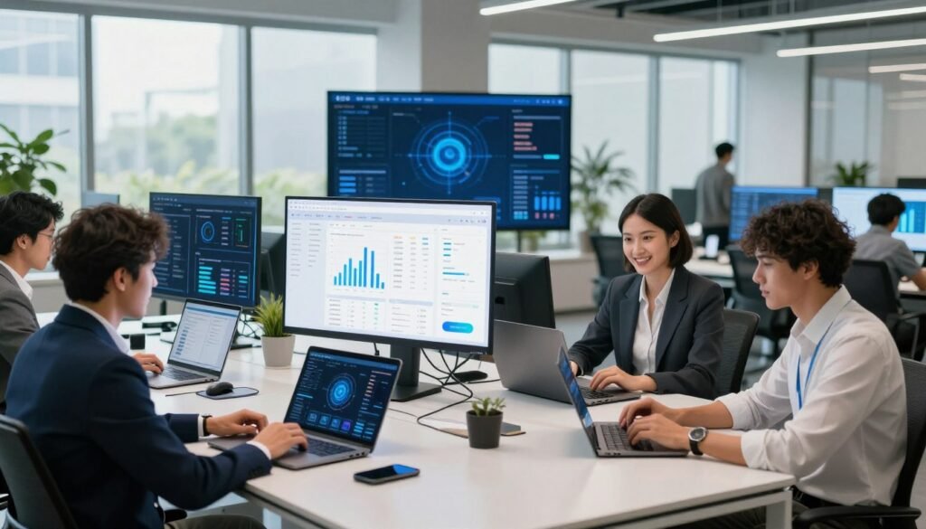 A futuristic workspace illustrating the strategy of implementing an AI freelance platform for digital projects. In the foreground, a diverse team of professionals, dressed in smart business attire, collaborates around a sleek, modern table with laptops and digital devices displaying AI interfaces. The middle layer features large screens showing data analytics and project management tools, emphasizing an organized workflow. In the background, a bright, high-tech office environment with large windows letting in natural light, greenery visible outside, creating a vibrant, optimistic atmosphere. The lighting is bright and evenly distributed, enhancing the sense of innovation and teamwork. The overall mood is dynamic and professional, capturing the essence of modern freelance collaboration powered by AI technology.
