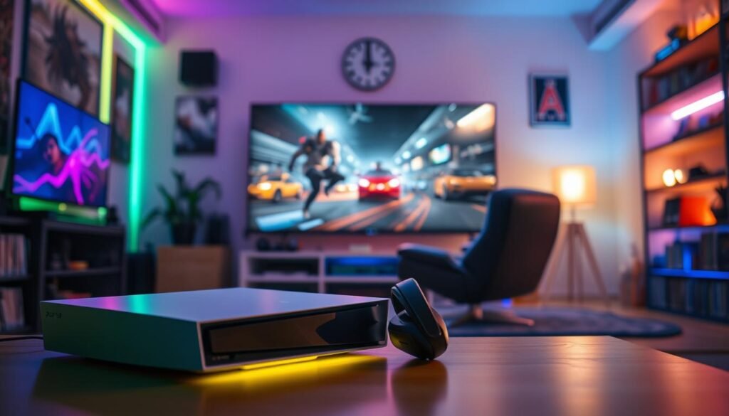 A gaming room illuminated by soft, colorful LED lights creates an immersive atmosphere. In the foreground, a sleek PlayStation 5 console sits alongside high-quality headphones designed for Dolby Atmos, symbolizing enhanced audio experiences. The middle ground features a large, ultra-high-definition screen displaying a captivating action scene from a gaming title, where sound appears to emanate from various directions, emphasizing the depth of Dolby Atmos. In the background, a cozy and modern gaming setup includes a comfortable gaming chair, shelves filled with popular games, and ambient lighting that enhances the mood. The composition should have a slight depth of field, focusing on the gaming elements while softly blurring the background, conveying a sense of excitement and engagement in the gaming experience. The lighting should be vibrant, creating a dynamic and inviting environment.