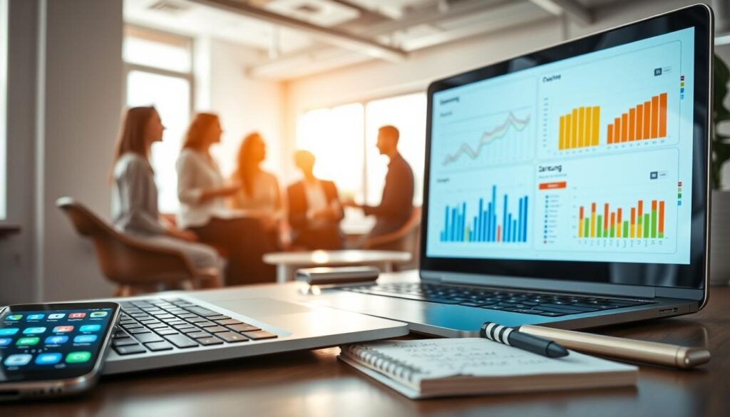 A professional workspace showcasing a detailed analysis of Samsung and Google bloatware apps. In the foreground, a sleek laptop displays colorful graphs and charts representing app performance data. Adjacent to the laptop, a notepad filled with handwritten notes and a smartphone displaying app icons. The middle section features a blurred background with a group of diverse professionals in business attire discussing the findings. Soft natural light from a nearby window casts an inviting glow over the scene. The atmosphere exudes a sense of collaboration and discovery, ideal for a report setting. Use a slightly elevated angle to capture the interplay between the digital tools and the professionals engaged in analysis, with a clean, modern aesthetic. A professional workspace showcasing a detailed analysis of Samsung and Google bloatware apps. In the foreground, a sleek laptop displays colorful graphs and charts representing app performance data. Adjacent to the laptop, a notepad filled with handwritten notes and a smartphone displaying app icons. The middle section features a blurred background with a group of diverse professionals in business attire discussing the findings. Soft natural light from a nearby window casts an inviting glow over the scene. The atmosphere exudes a sense of collaboration and discovery, ideal for a report setting. Use a slightly elevated angle to capture the interplay between the digital tools and the professionals engaged in analysis, with a clean, modern aesthetic.