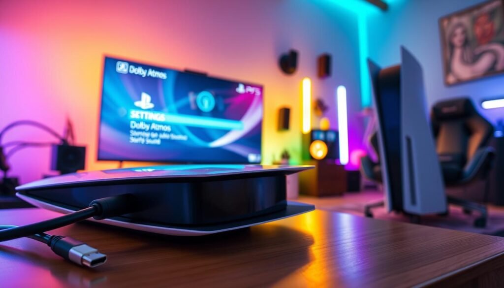 A sleek PlayStation 5 console prominently displayed on a modern gaming setup, featuring a vibrant neon-lit gaming room. In the foreground, a high-quality HDMI cable connects the PS5 to a Dolby Atmos-enabled sound system. The middle ground depicts an illuminated TV screen showcasing the PS5 settings menu with "Dolby Atmos" highlighted. Soft, colorful ambient lighting enhances the mood, creating an immersive gaming atmosphere. The background includes a stylish gaming chair and gaming accessories, all under warm, inviting lighting. The lens captures this scene at a slight angle to emphasize depth, conveying a sense of excitement and readiness for users to engage with Dolby Atmos audio features.