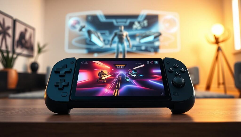 A sleek, modern handheld gaming device inspired by the PlayStation 6, positioned prominently in the foreground. The device features a vibrant, high-resolution touchscreen display surrounded by a curvy, ergonomic casing made of matte black metal and glossy accents. In the middle ground, a futuristic gaming environment with holographic game visuals projected around the handheld, showcasing its capabilities. The background consists of a softly lit room with minimalistic decor, hinting at a high-tech atmosphere. Soft, ambient lighting creates an inviting mood, with a shallow depth of field focusing on the device, blurring the surrounding elements. Capture from a slightly elevated angle to emphasize the device's features, with a warm color palette that adds to the atmosphere of innovation and excitement.