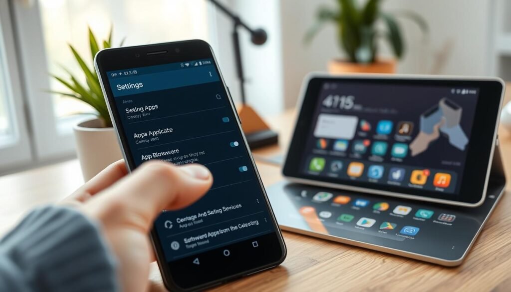 A smartphone screen displaying the settings menu, focused on the "Apps" section for removing system applications, such as bloatware from Samsung and Google devices. In the foreground, the smartphone is angled slightly to the left, with a finger poised above the "Uninstall" button. The background features a cozy, modern home office setting with a wooden desk, a potted plant, and soft, natural light filtering through a nearby window. A digital tablet lies beside the smartphone, showcasing a related app management interface. The overall mood is professional yet approachable, conveying ease and simplicity in technology use. Use a soft focus effect to enhance the smartphone, making it the central element. A smartphone screen displaying the settings menu, focused on the "Apps" section for removing system applications, such as bloatware from Samsung and Google devices. In the foreground, the smartphone is angled slightly to the left, with a finger poised above the "Uninstall" button. The background features a cozy, modern home office setting with a wooden desk, a potted plant, and soft, natural light filtering through a nearby window. A digital tablet lies beside the smartphone, showcasing a related app management interface. The overall mood is professional yet approachable, conveying ease and simplicity in technology use. Use a soft focus effect to enhance the smartphone, making it the central element.