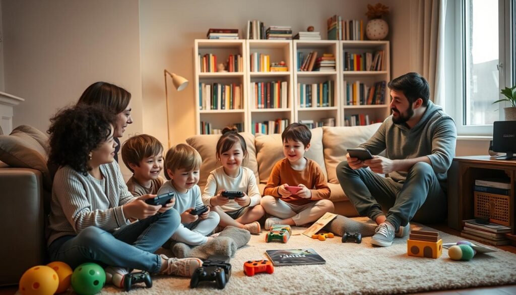 A warm, inviting family scene in a cozy living room, where parents and children are engaged in a discussion about technology and gaming. In the foreground, a mother and father, dressed in modest casual clothing, are seated on a comfortable sofa, attentively listening to their children who are seated on the floor, surrounded by game controllers and tablets. The middle layer features a family-friendly atmosphere, with a mix of soft toys and educational materials scattered around. The background shows a bookshelf filled with books and technology items, illuminated by soft, natural lighting coming through a window, creating a sense of openness and warmth. The overall mood is friendly and collaborative, reflecting the importance of communication over strict technical control.