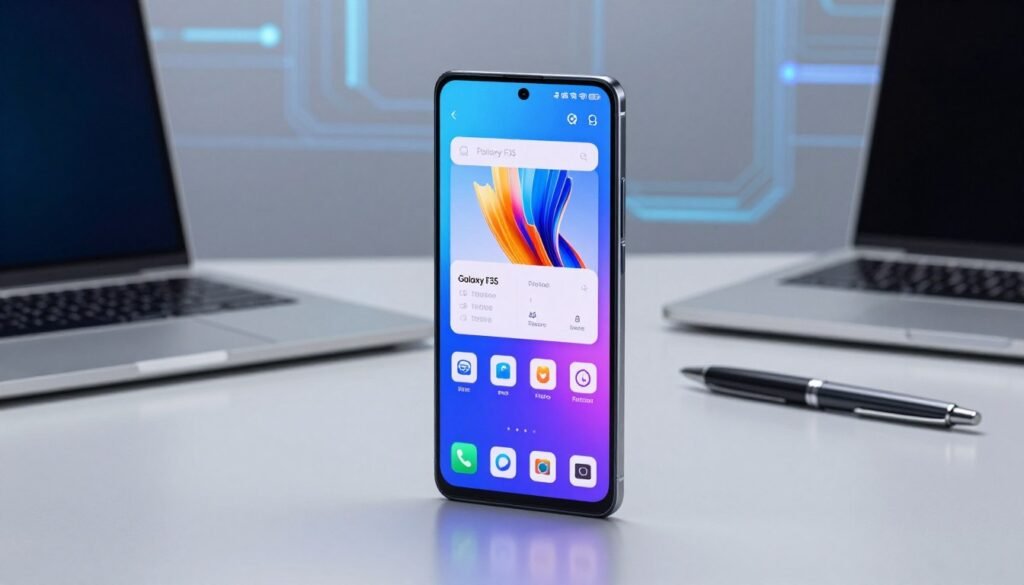 A sleek and modern smartphone, the "Performa Galaxy F35", prominently displayed in the foreground on a clean, light-colored surface. The phone's display is brilliantly lit, showcasing its vibrant screen and user-friendly interface, with vivid app icons and high-resolution images. In the middle ground, subtle reflections in the surface suggest a contemporary workspace, with a blurred, elegant laptop and a stylish pen nearby. The background features an abstract, softly blurred tech-inspired pattern that hints at digital innovation, using cool blue and silver tones. The lighting is soft yet focused, creating a sense of clarity and sophistication, ideal for illustrating performance and specifications. The overall atmosphere is professional and dynamic, inviting the viewer to explore the capabilities of the Galaxy F35. A sleek and modern smartphone, the "Performa Galaxy F35", prominently displayed in the foreground on a clean, light-colored surface. The phone's display is brilliantly lit, showcasing its vibrant screen and user-friendly interface, with vivid app icons and high-resolution images. In the middle ground, subtle reflections in the surface suggest a contemporary workspace, with a blurred, elegant laptop and a stylish pen nearby. The background features an abstract, softly blurred tech-inspired pattern that hints at digital innovation, using cool blue and silver tones. The lighting is soft yet focused, creating a sense of clarity and sophistication, ideal for illustrating performance and specifications. The overall atmosphere is professional and dynamic, inviting the viewer to explore the capabilities of the Galaxy F35.